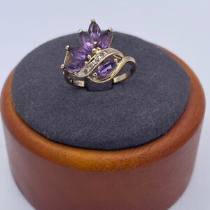 14K Gold Marquise Amethyst & Diamond Ring February Birthstone Estate Size 7